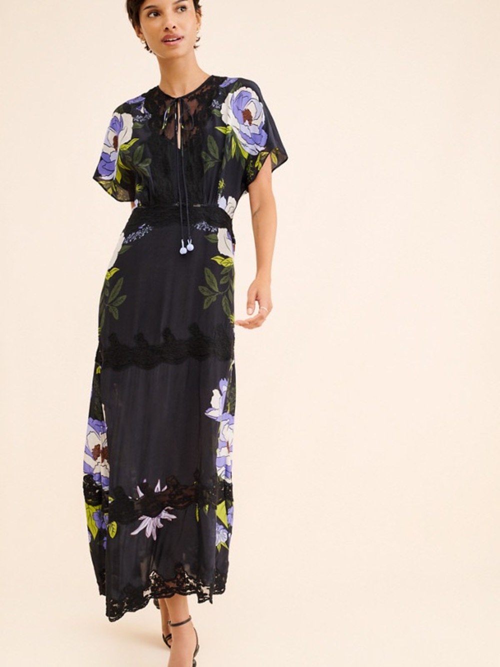 $298 Farm Rio Black floral Lace Maxi Dress Size Medium M *missing Slip* - Picture 4 of 12